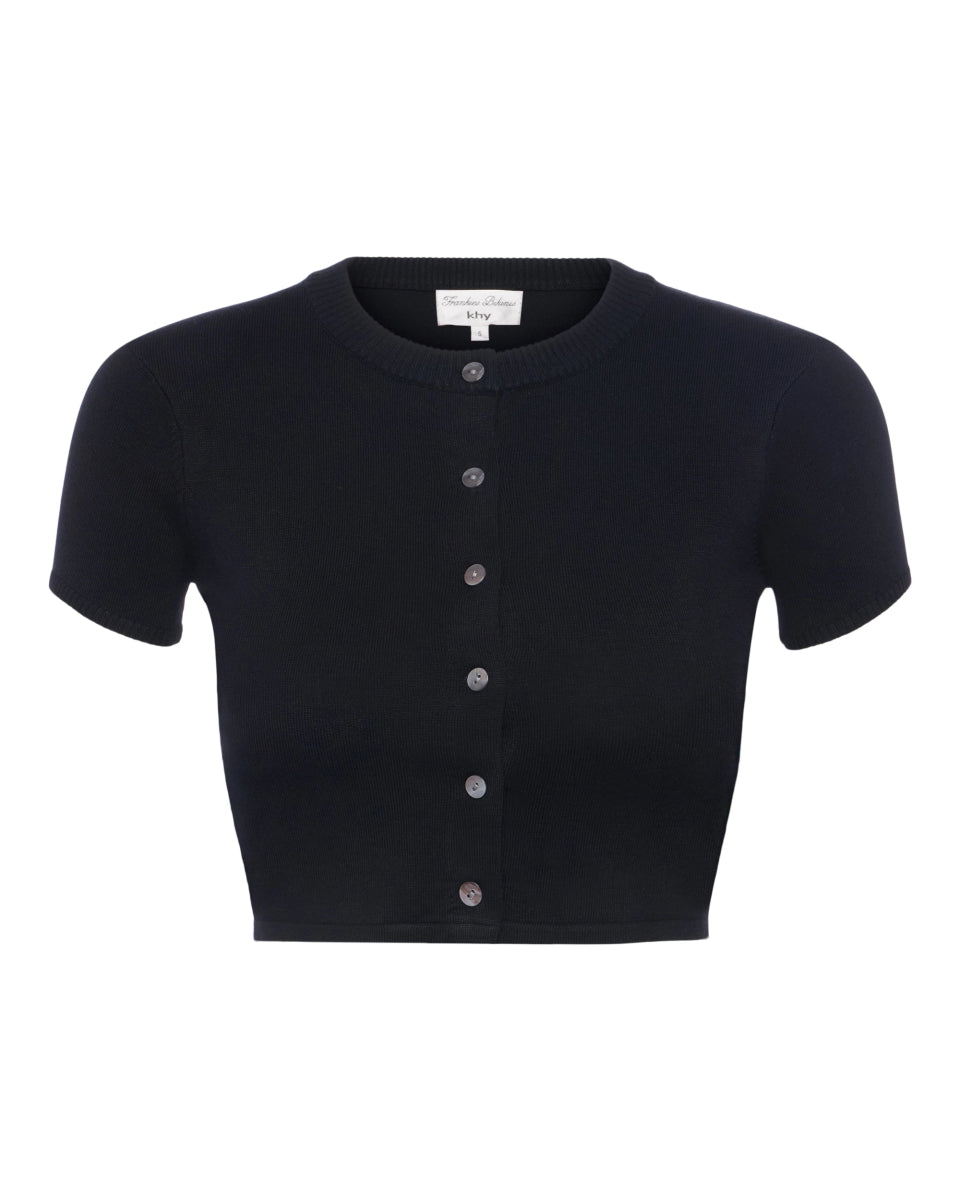 Black knit button up crop top with short sleeves and front buttons, displayed flat against a white background.