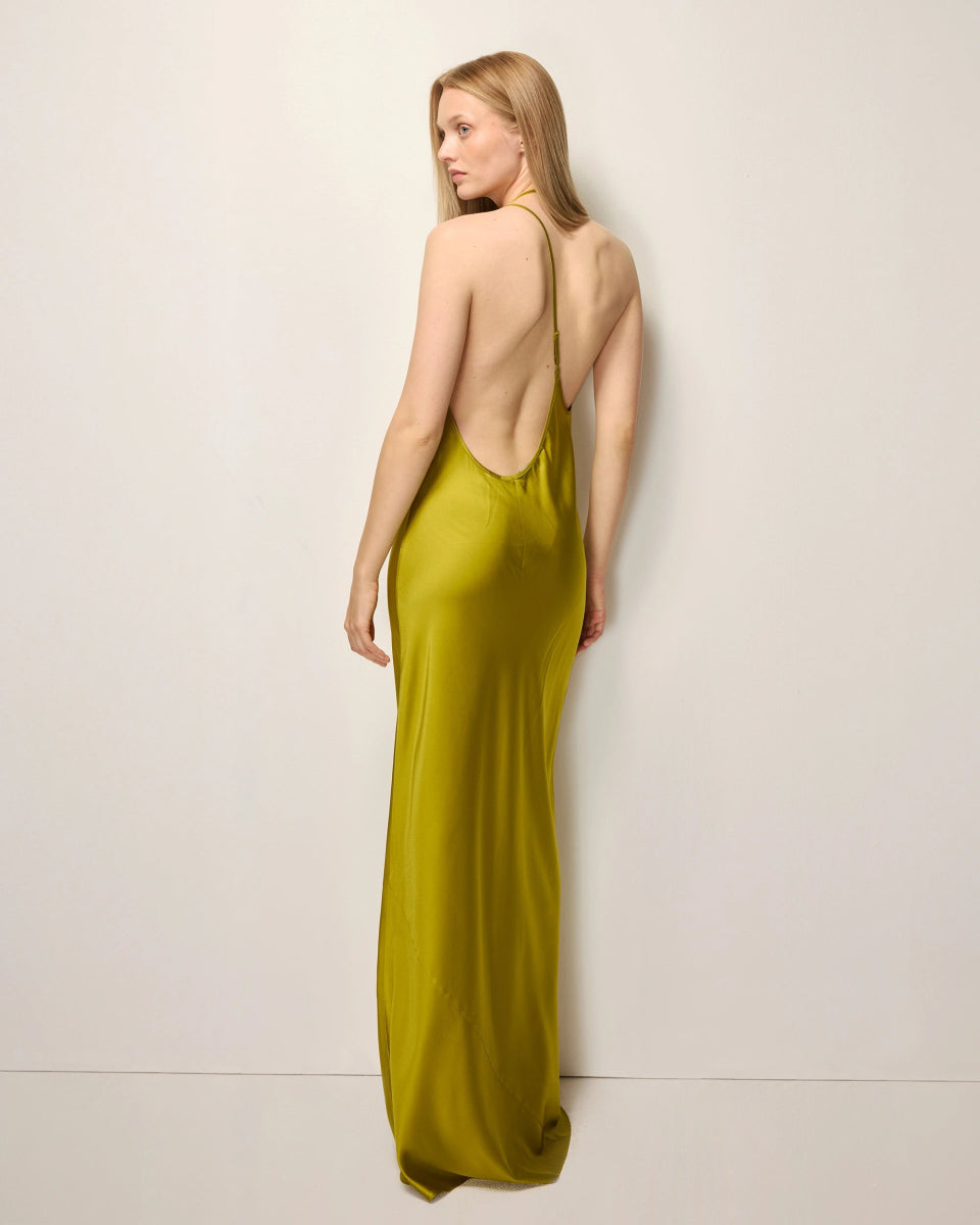 Silk Asymmetric Bias Gown | Golden Olive
