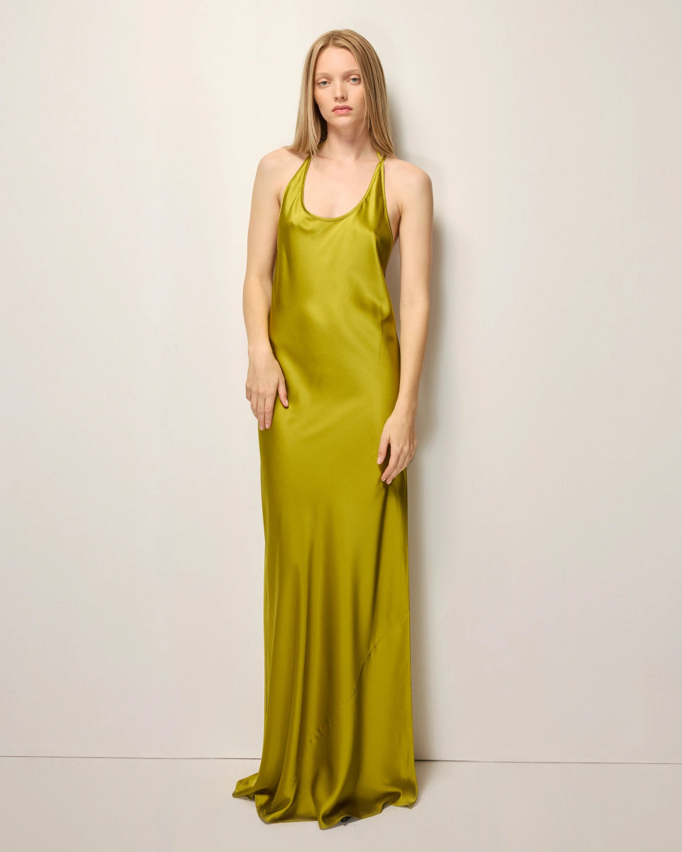 Silk Asymmetric Bias Gown | Golden Olive