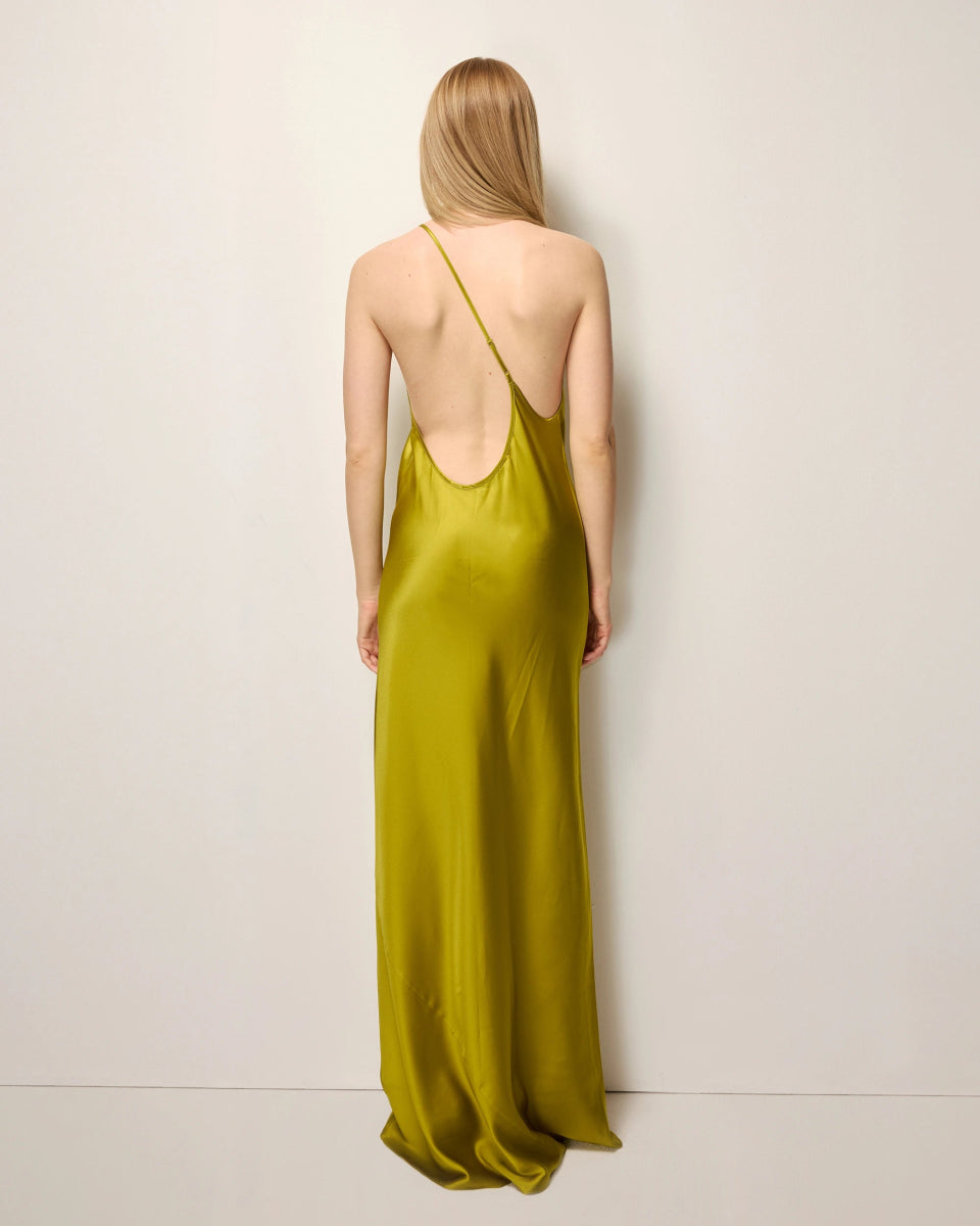 Silk Asymmetric Bias Gown | Golden Olive