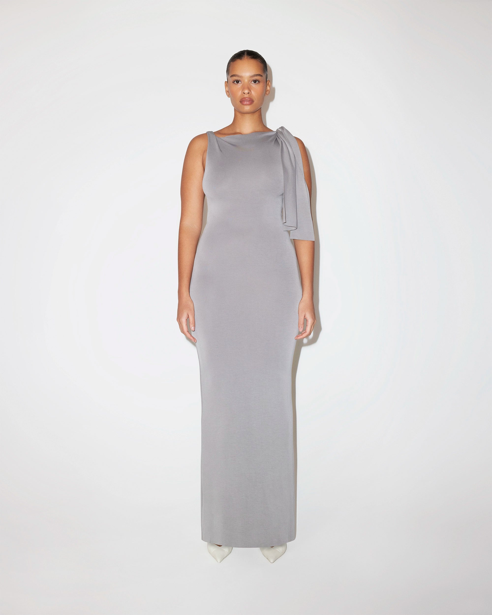 steel grey dress Khy by Kylie Jenner - Sueded Stretch Knotted Maxi Dress