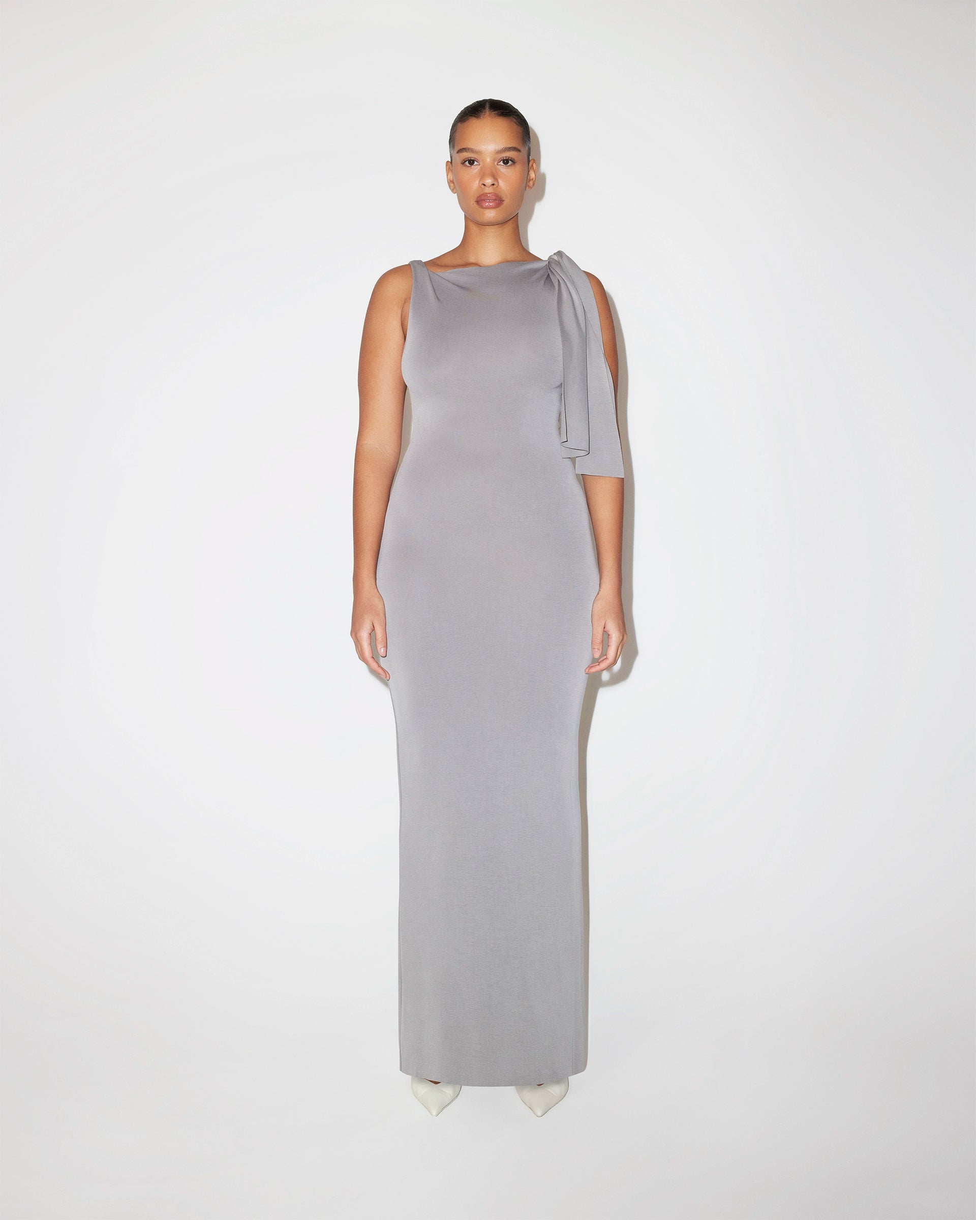 Steel Grey Sueded Stretch Knotted Maxi Dress Steel Grey Sueded Stretch Knotted Maxi Dress