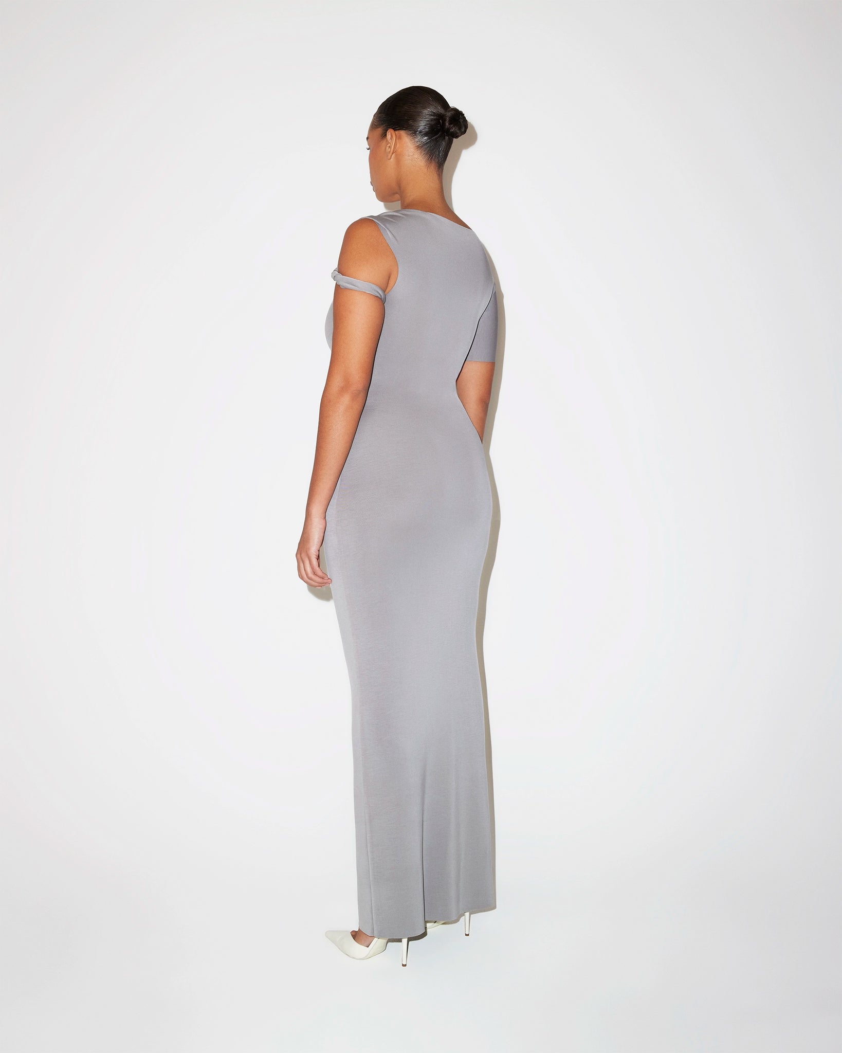 Steel Grey Sueded Stretch Twist Maxi Dress | Khy