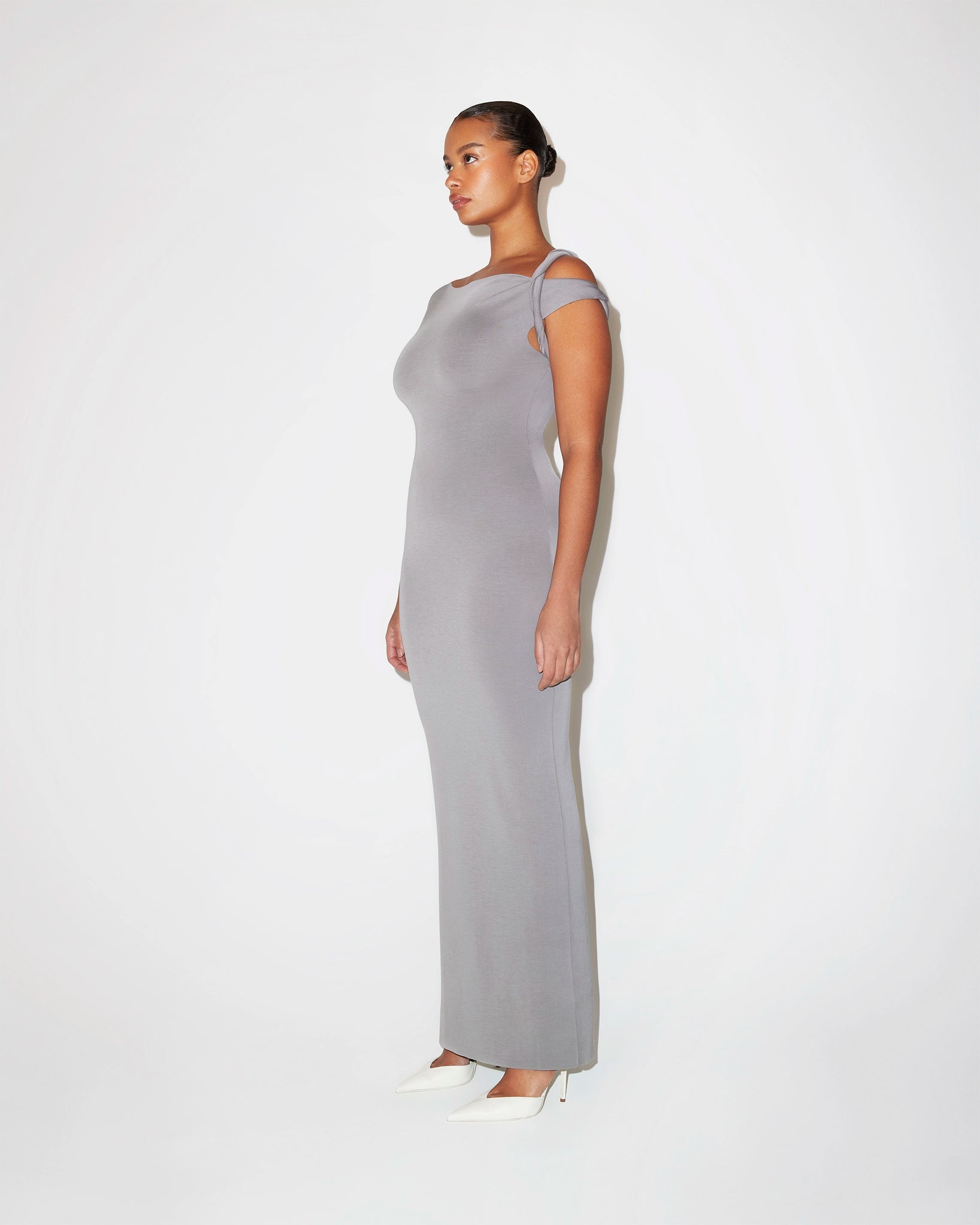 Steel Grey Sueded Stretch Twist Maxi Dress | Khy