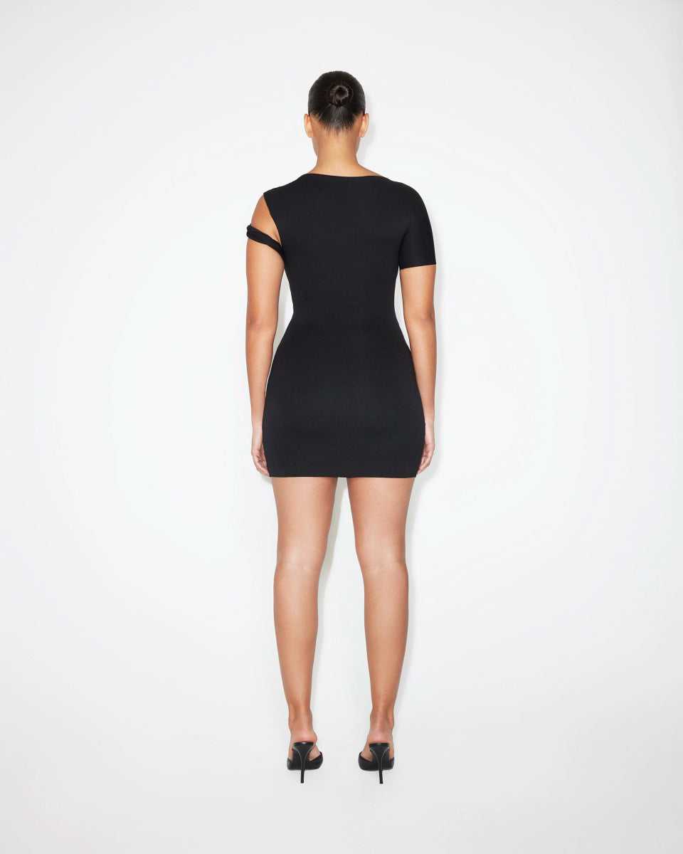 Sueded Stretch Twist Mini Dress | Black