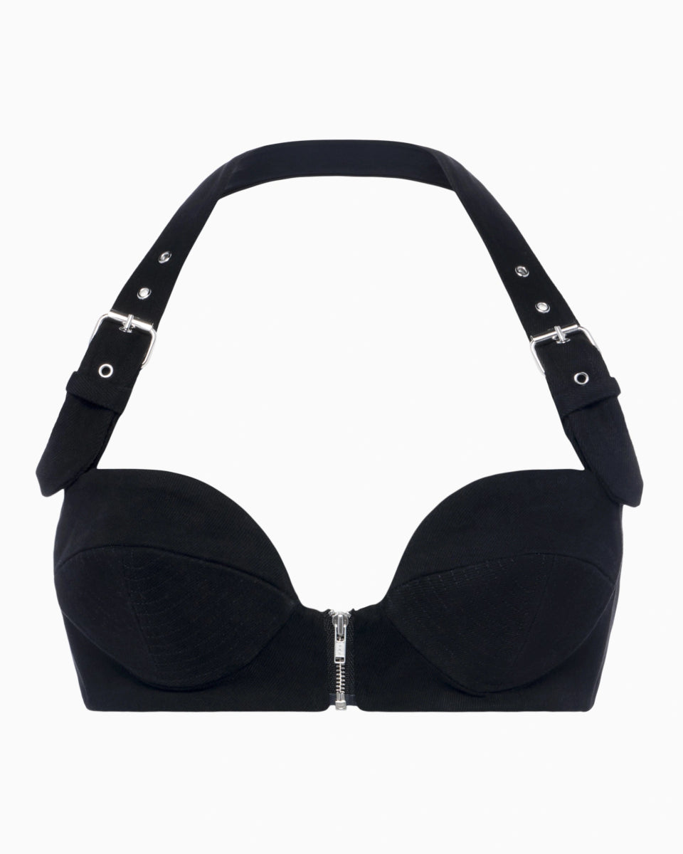Denim Zipper Bralette | Black